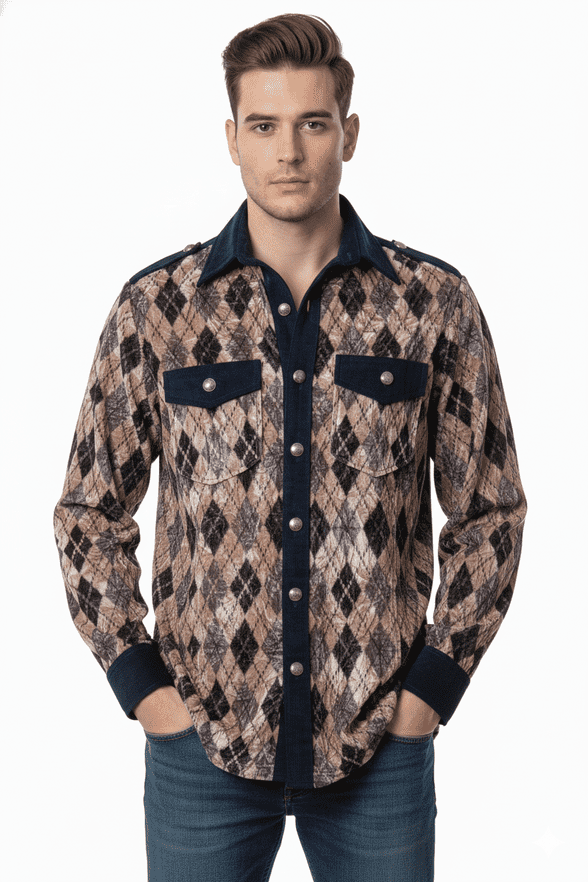 VSA8008 Brits style - Nevy blue & natual beige check velvet shirtt Shirt