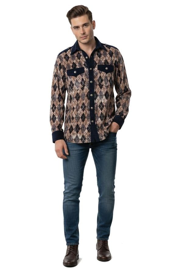 VSA8008 Brits style - Nevy blue & natual beige check velvet shirtt Shirt
