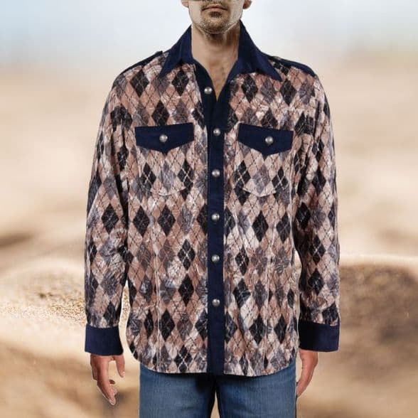 VSA8008 Brits style - Nevy blue & natual beige check velvet shirtt Shirt
