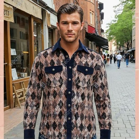 VSA8008 Brits style - Nevy blue & natual beige check velvet shirtt Shirt