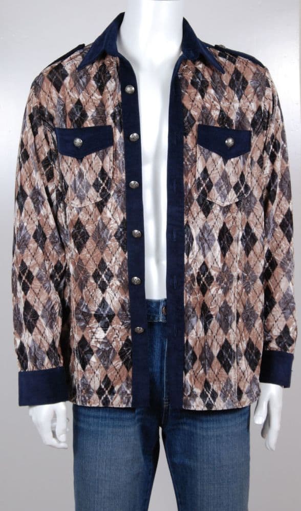 VSA8008 Brits style - Nevy blue & natual beige check velvet shirtt Shirt