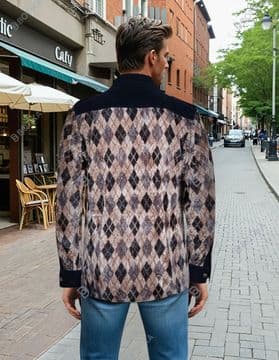 VSA8008 Brits style - Nevy blue & natual beige check velvet shirtt Shirt