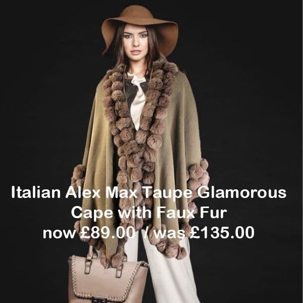 Italian Alex Max Taupe Glamorous Cape with Faux Fur