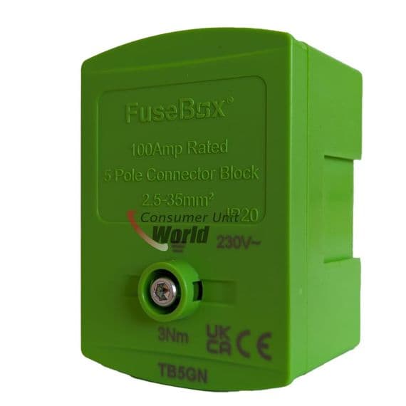 FuseBox TB5GN 100A 5 Way Connector Block - Green | Consumer Unit World