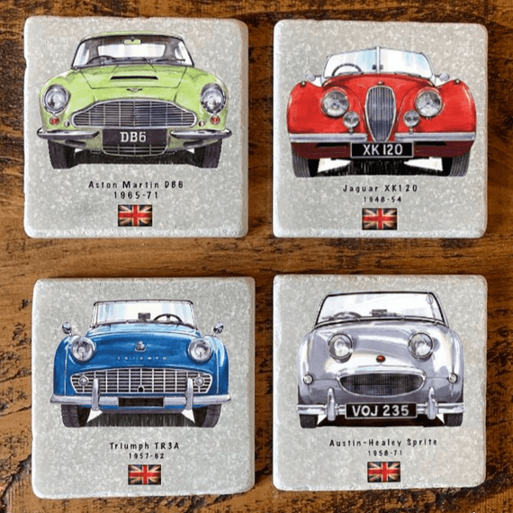 British Classic Cars - Aston Martin, Jaguar, Triumph, Austin Healey. Italian Marble Coasters