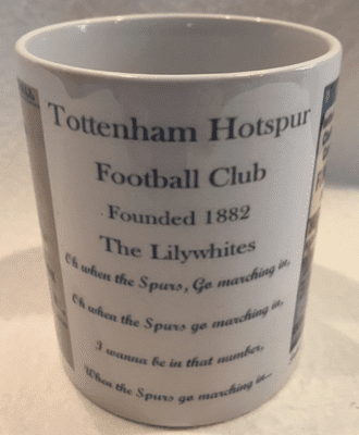Tottenham Hotspur Mug 1981 FA Cup Final Replay ticket,Vintage Home programme, Tottenham song lyrics,