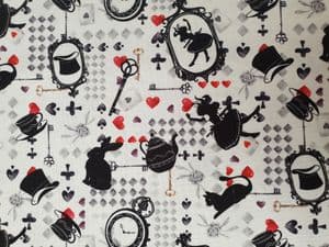 Alice in Wonderland fabric UK 100% Cotton hearts play cards key rabbit cat clocks - Price Per Metre