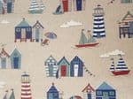 Blue seaside beach fabric UK -  Lighthouse hut Umbrella Chair Surf Board Boat - Price Per Metre