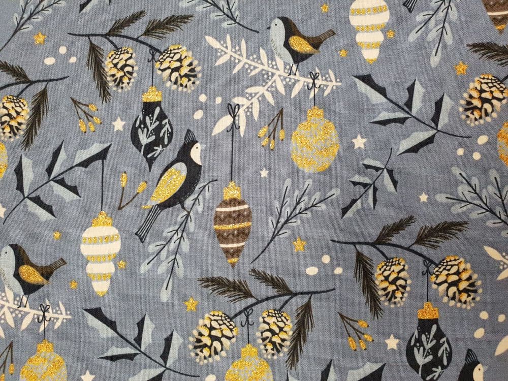 Christmas fabric UK blue bird baubles pinecones holly Price Per Metre
