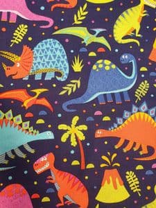 Dinosaur fabric UK 100% Cotton  - Tyrannosaurus, Stegosaurus navy colourful Jurassic Price Per Metre