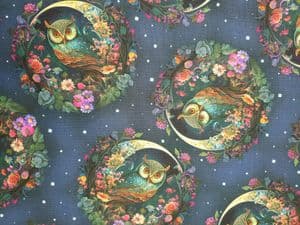 Owl night garden fabric UK 100% Cotton  birds flowers floral - Price Per Metre