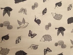 Woodland  fabric UK Hedgehog Butterfly Snail Birds material Fat Quarter - 50cm x 56cm - 100% cotton