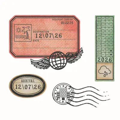 667060 -Sizzix Clear Stamps Set 62PK w/4PK Framelits - Globetrotters Mark by 49 & Market