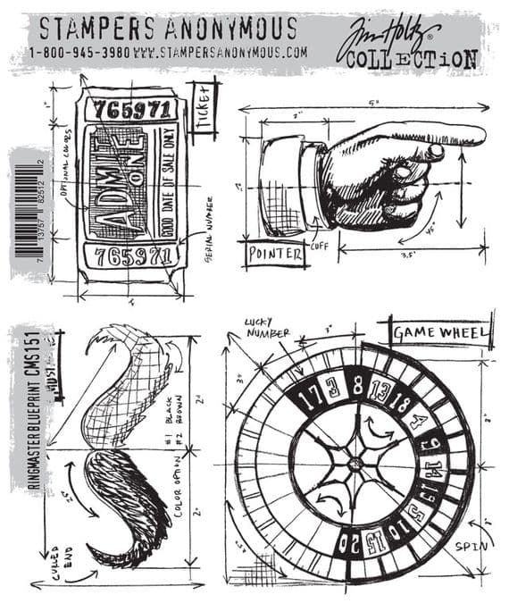 CMS151 Stampers Anonymous Tim Holtz Cling Mounted Stamp Set - Ringmaster Blueprint Set