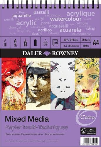 Daler-Rowney Optima Lightly Textured 250gsm A4 Mixed Media Paper Spiral Pad, 30 White Sheets