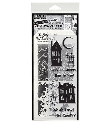 MM194 Tim Holtz Mixed Media Stamp & Stencil Set - Ghost Town