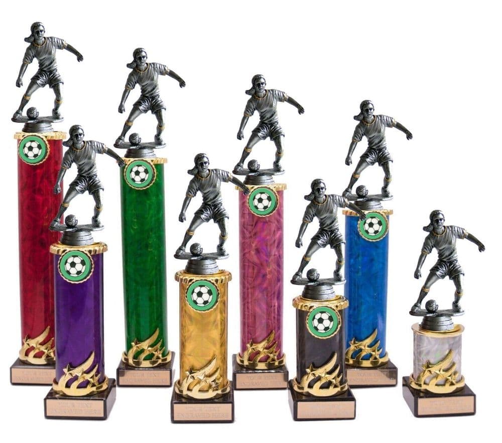 Silver Female Footballer Column Trophy Award Personalised County