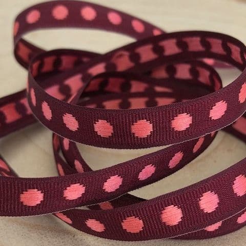 Brown and Pink Dot Woven Ribbon 9mm