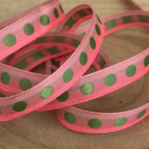 Pink and Green Dot Woven Ribbon 9mm