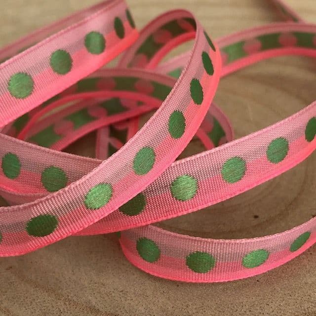 Pink and Green Dot Woven Ribbon 9mm
