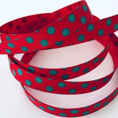 Red & Turquoise Polka Dot Grosgrain Ribbon