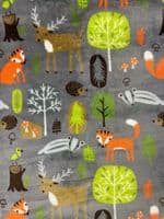 Double Sided Supersoft Cuddlesoft Fleece Fabric Material WOODLAND ANIMALS GREY