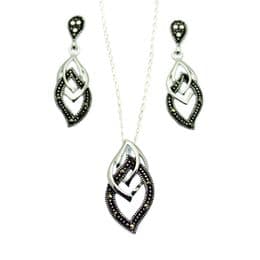 Marcasite Jewellery Set - Double Leaf Pendant & Earrings ,- Sterling Silver