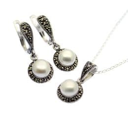 Marcasite Jewellery Set - Round Pendant & Earrings - Sterling Silver