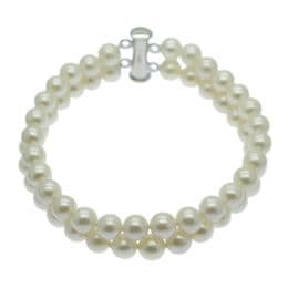 Pearl Bracelet - AA Double Row Round 6mm Freshwater Pearls - Sterling Silver Tube Clasp.