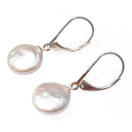 Pearl Earrings - 12 mm AAA Coin Pearl on Sterling Silver Leverbacks. White, Pink, Lavender