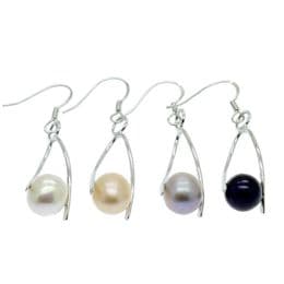 Pearl Earrings - 7-8mm AA Off Round Pearls Drop from Sterling Silver 'Wishbone' Mountings & Hooks. Available in White, Pink, Lavender & Black