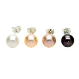 Pearl Earrings - 7-8mm AAA Round Pearls on Sterling Silver. White, Pink, Lavender & Black