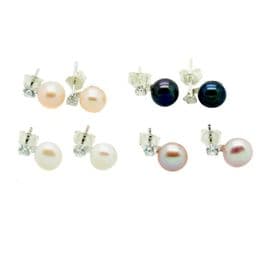 Pearl Earrings - 7 mm AA Button Pearls with CZ Stud Sterling Silver. White, Pink, Lavender & Black