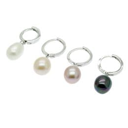 Pearl Earrings - 7mm AA Oval Drops on Faceted Sterling Silver Hoops