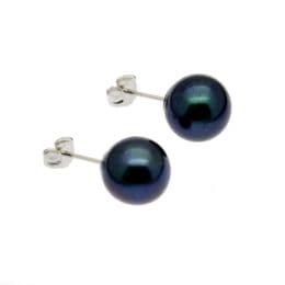 Pearl Earrings - AAA 9mm Black Round Cultured Pearls on 9ct White Gold Posts