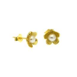 Pearl Earrings - Flower Design Gold on Sterling Silver Studs - 4mm White Pearl