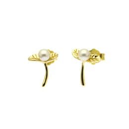 Pearl Earrings - Leaflet Design Gold on Sterling Silver Studs - 3mm White Pearl