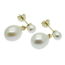 Pearl Earrings - Stud Drops - 7.5mm Oval & 5mm Button Cultured Freshwater Pearls on 9ct Gold Posts