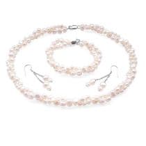Pearl Set, Necklace, Bracelet & Earrings -  Double Baroque - Sterling Silver - White Grey Black Red
