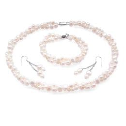 Pearl Set, Necklace, Bracelet & Earrings - Double Baroque - Sterling Silver - White Grey Black Red