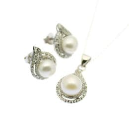 Pearl Set, Pendant & Earrings 8mm Pearls with cz, Sterling Silver
