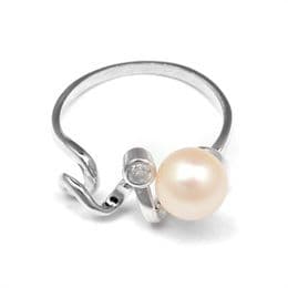 Sterling Silver Pearl Ring, 7-8mm Pink Round Freshwater Cultured Pearl, with Clear CZ