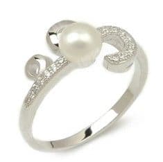 Sterling Silver Pearl Ring with 5mm Button Pearl, with tiny clear Cubic Zirconia inlay