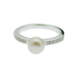 Sterling Silver Pearl Ring with 6.5 mm Button Pearl, with tiny clear Cubic Zirconia inlay