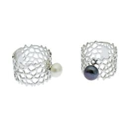 Sterling Silver Pearl Ring with 8mm Button Pearl, on Ornate Cutwork Band. Available in White & Black