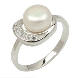 Sterling Silver Pearl Ring with 8mm Button Pearl, with tiny clear Cubic Zirconia inlay. Available in White & Black