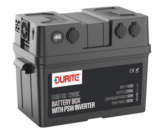DURITE 12VDC Battery Box with Pure Sine Wave Inverter Charger - 500W 0-087-60
