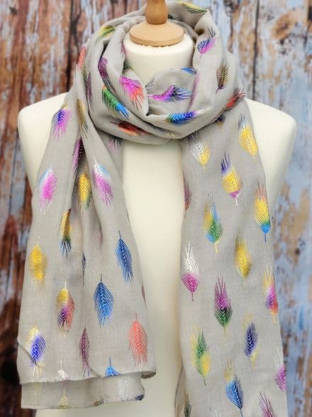 Rainbow Feathers - Grey Scarf