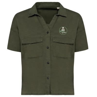 NATIVE SPIRIT Ladies Shirt Organic Khaki - C/W Work Boutique Circle Green/Stone circle logo on LB