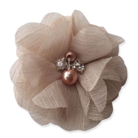 5cm Pearl Diamante ALMOND Fabric Flower Applique